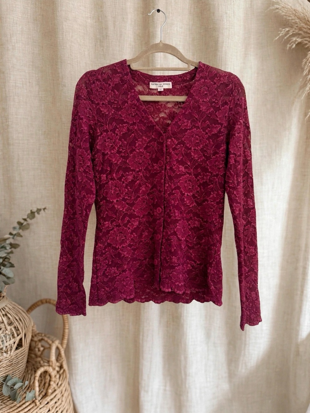 🌹 VINTAGE Patricia Jones Wine Red Lace Button-Front Cardigan S